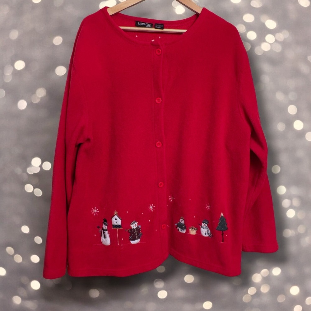 Ladies Club Woman Red Fleece Cardigan Embroidered Snowmen Christmas Plus Size 3X